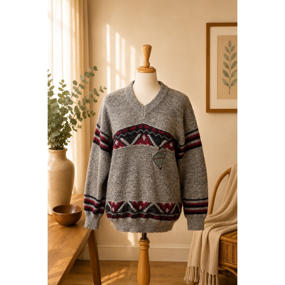 Vintage Barclay Wool Sweater Men's L Grey Burgundy Aztec Hot Air Balloon 80s 90s